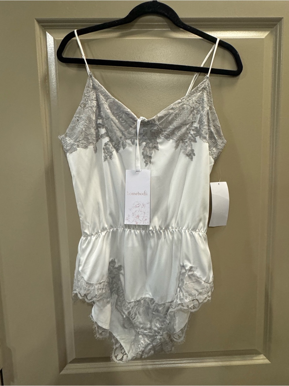 Homebodii White Satin & Silver Lace Chemise